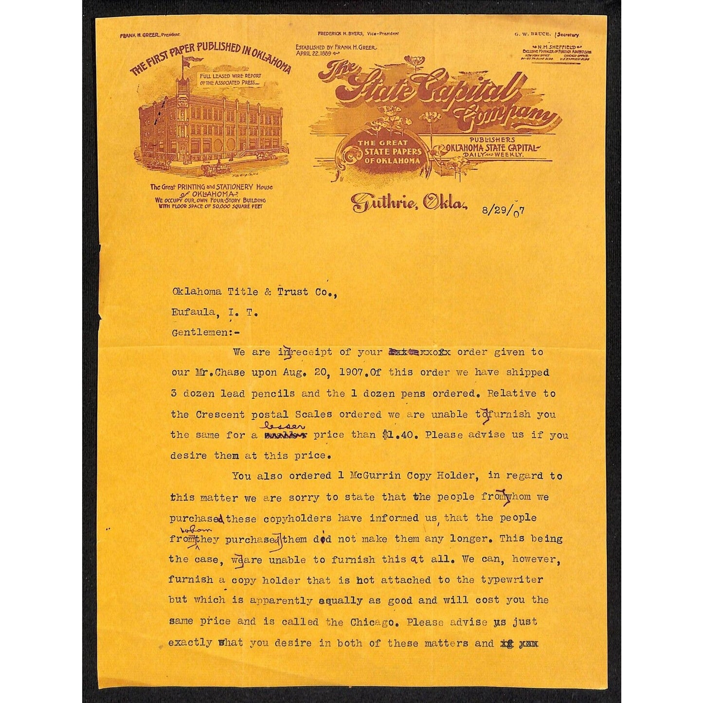 1907 State Capital Company Publishers Guthrie Territorial Letterhead