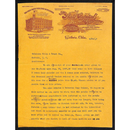 1907 State Capital Company Publishers Guthrie Territorial Letterhead