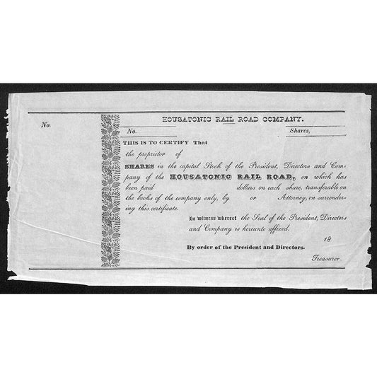 Housatonic Rail Road (CT / Conn) Unissued c1837 Stock Certificate