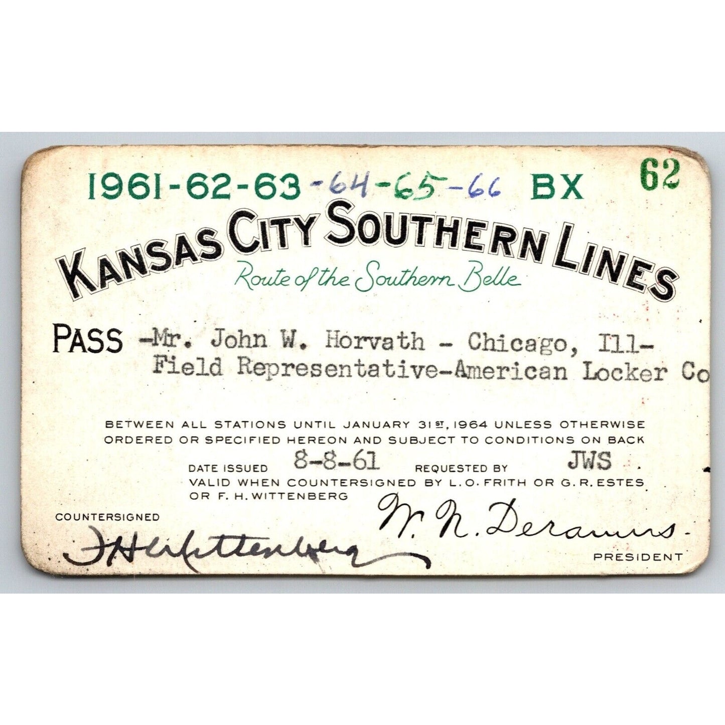 Kansas City Southern Lines 1961 Through 1966 Yearly Train Pass #62