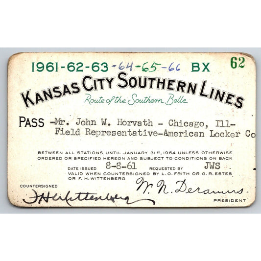Kansas City Southern Lines 1961 Through 1966 Yearly Train Pass #62