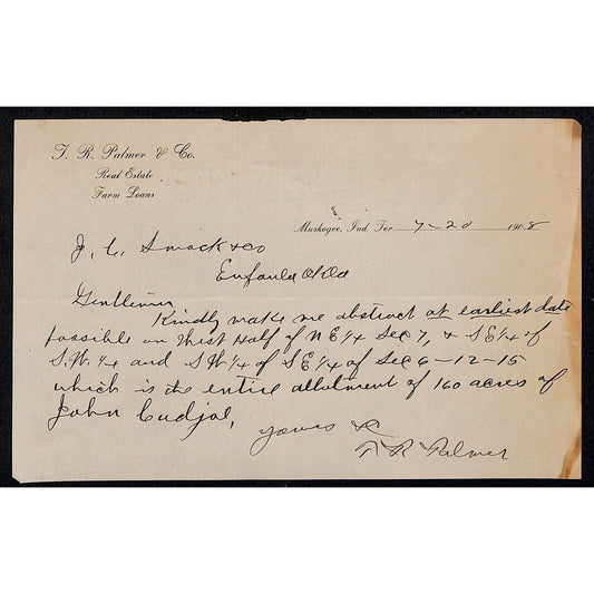 1908 T.R. Palmer & Co. Farm Loans Indian Territory Muskogee, OK ALS Letterhead