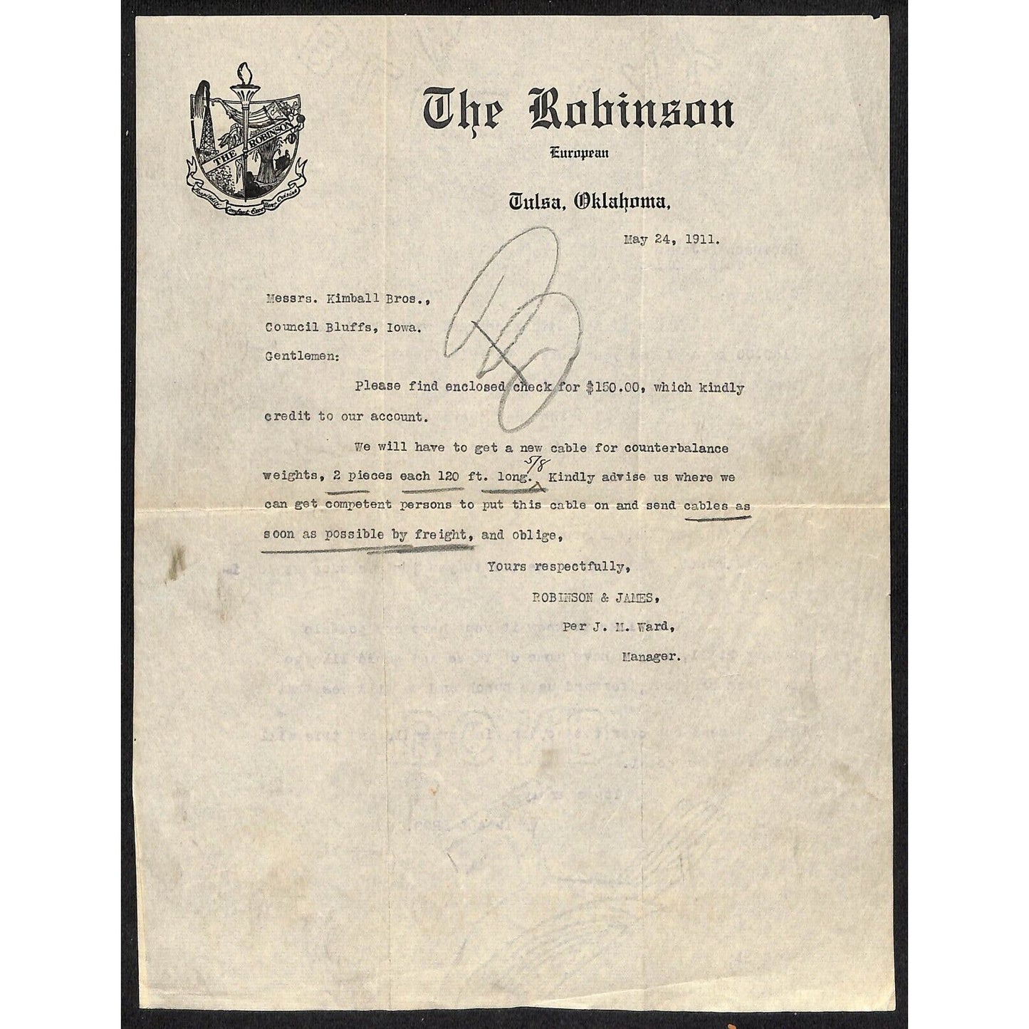 1911 The Robinson Hotel Tulsa, OK Letterhead Coat of Arms w/ Oil Derrick