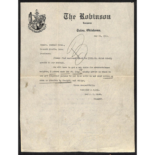 1911 The Robinson Hotel Tulsa, OK Letterhead Coat of Arms w/ Oil Derrick