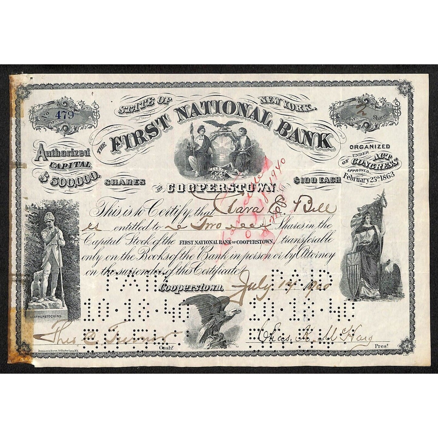 First National Bank of Cooperstown 1900 Stock Certificate to Clara E. Bill