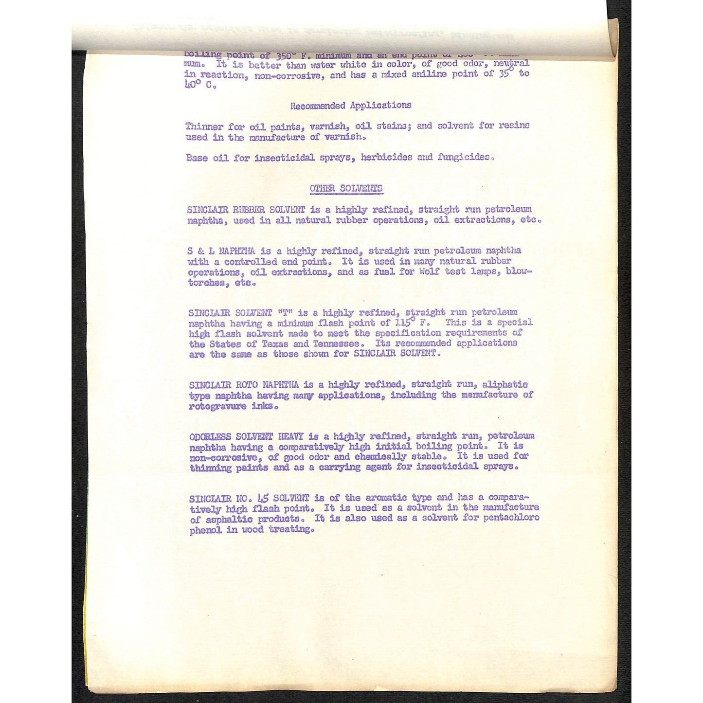 Sinclair Oils 1958 Letterhead + 3pp & "Sinclair Solvents Typical Tests Chart