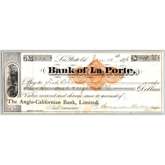Bank of La Porte Check Fred Schuster 1876 Mining Vignette Rev Stamp #234