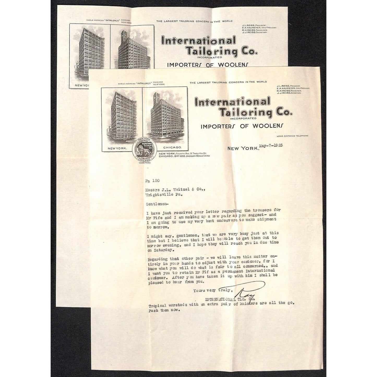 International tailoring Co. 12th St. & Fourth Ave NYC 1925 2 LH Billhead + Cover