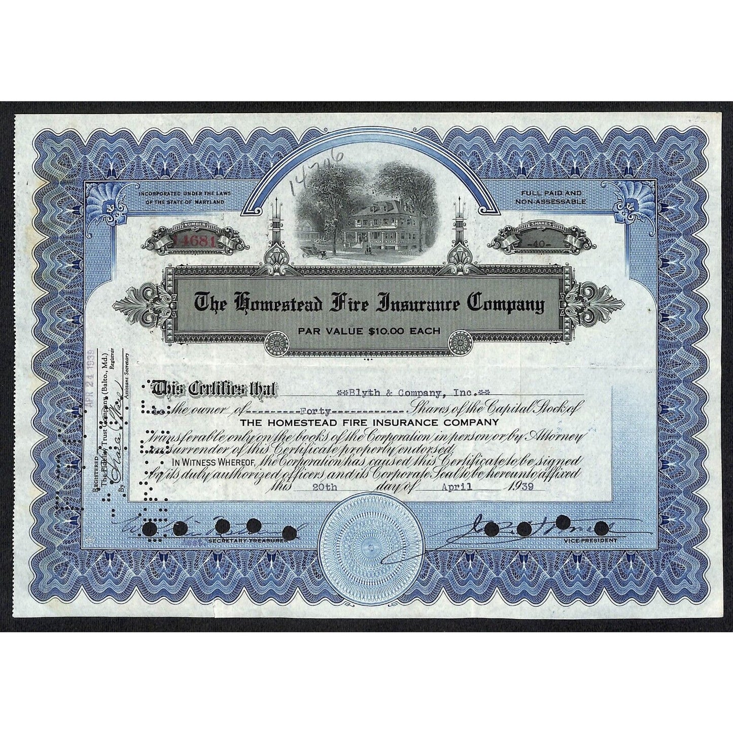 Homestead Fire Insurance Co 1939 Stock Certificate to Blyth & Company