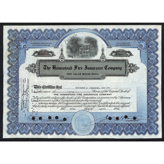 Homestead Fire Insurance Co 1939 Stock Certificate to Blyth & Company