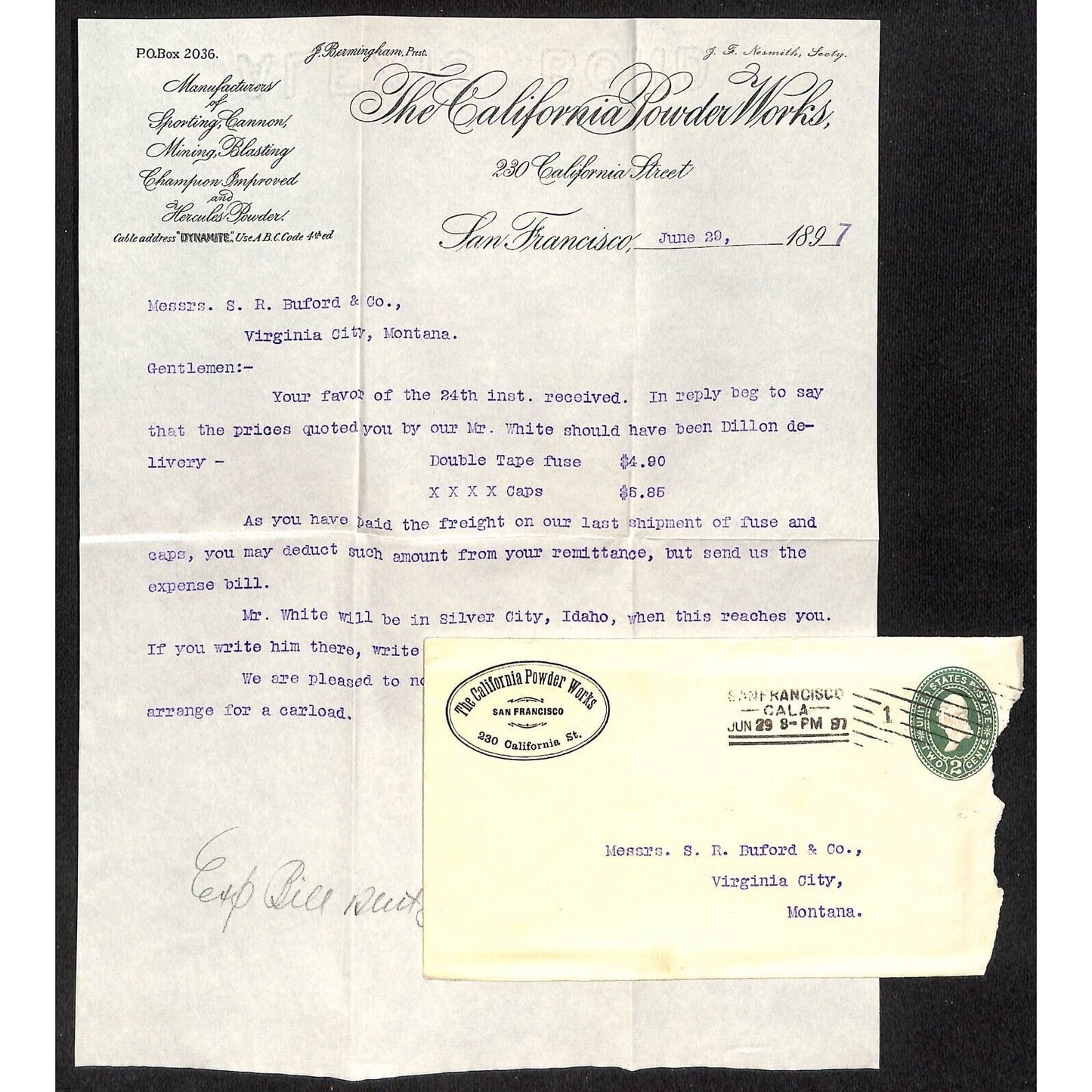 California Powder Works Jun 1897 Letterhead + Cover S.R. Buford Virginia City MT