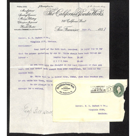 California Powder Works Jun 1897 Letterhead + Cover S.R. Buford Virginia City MT
