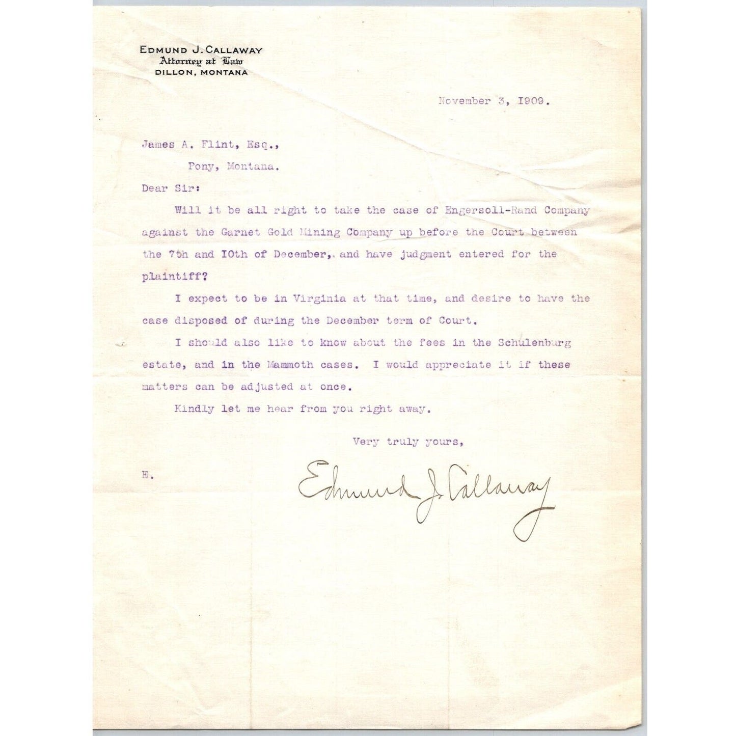 Dillon, MT Edmund J. Callaway Attorney At Law 1909 Letterhead re: Judgement