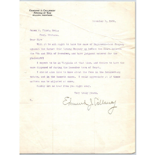 Dillon, MT Edmund J. Callaway Attorney At Law 1909 Letterhead re: Judgement
