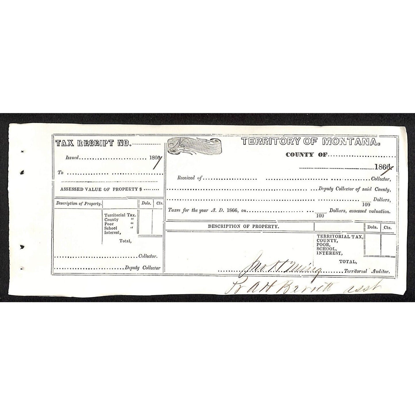 1867 Territory of Montana Territorial Poor School County Interest Tax Form VGC