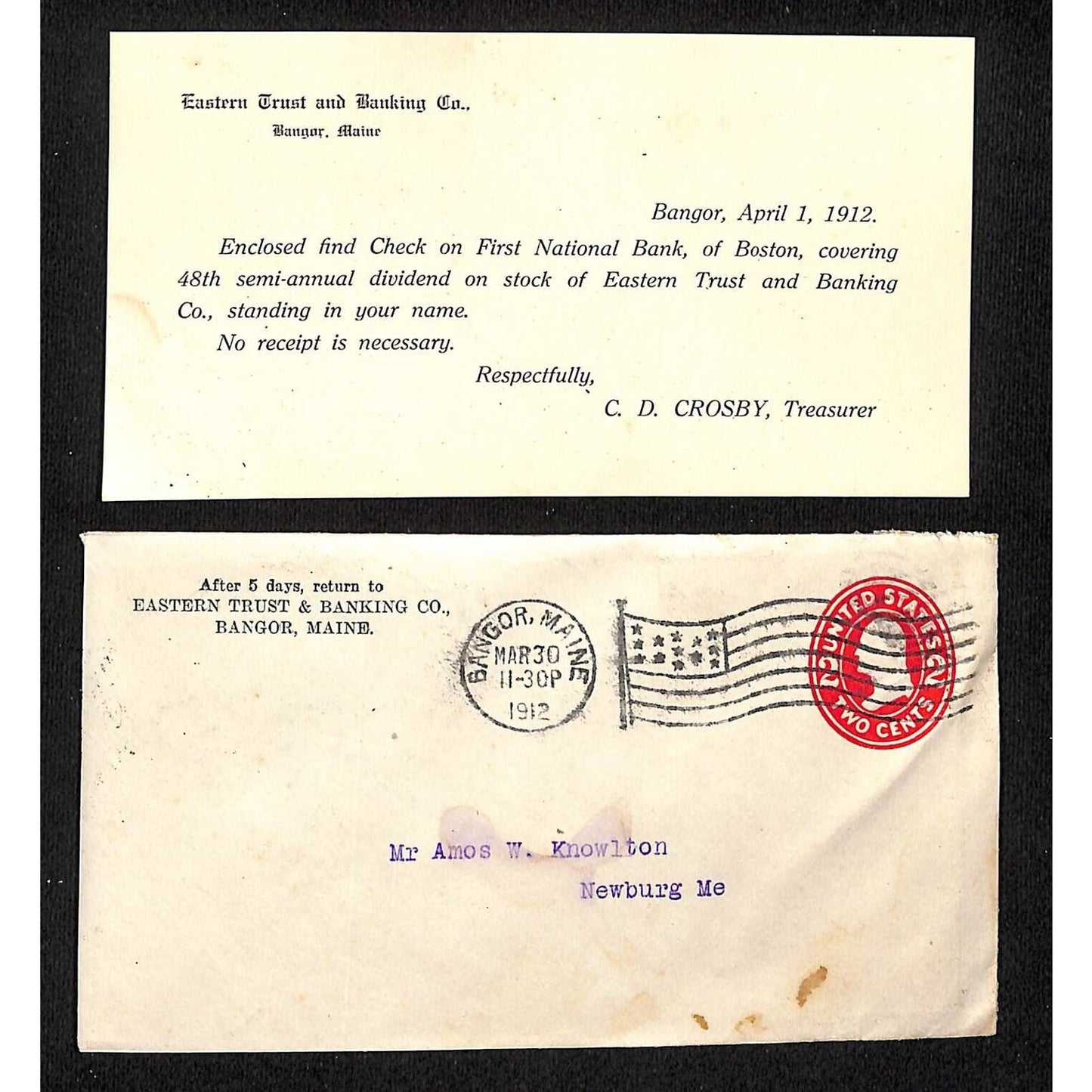 Bangor, ME Eastern Trust & Banking Co. 1912 Dividend Notice Card Knowlton*