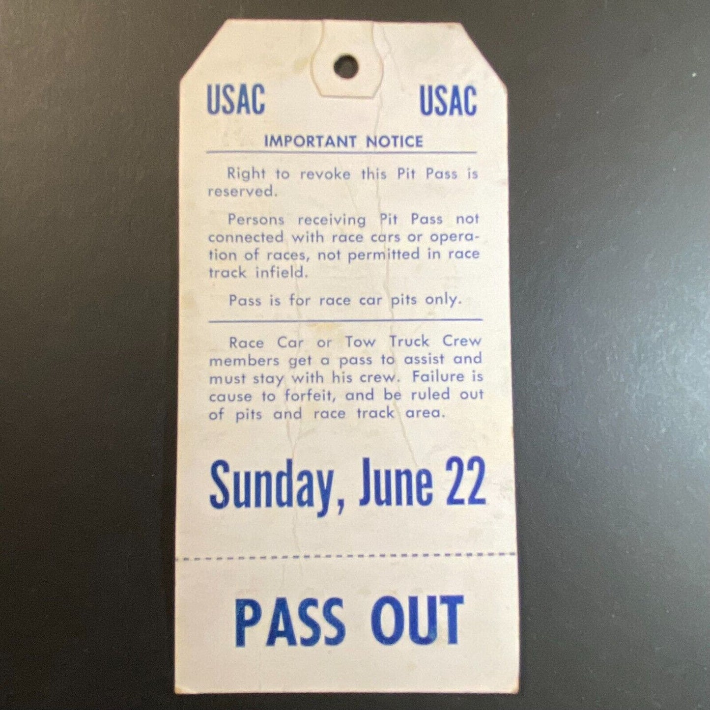 1958 USAC Terre Haute Fairground Speedway Racing Pit Permit Pass w/ Pass Out VGC