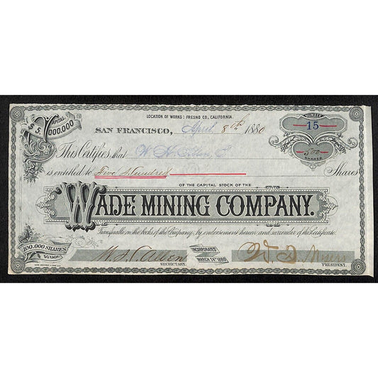 Wade Mining Company San Francisco 1880 Stock Certificate Scarce