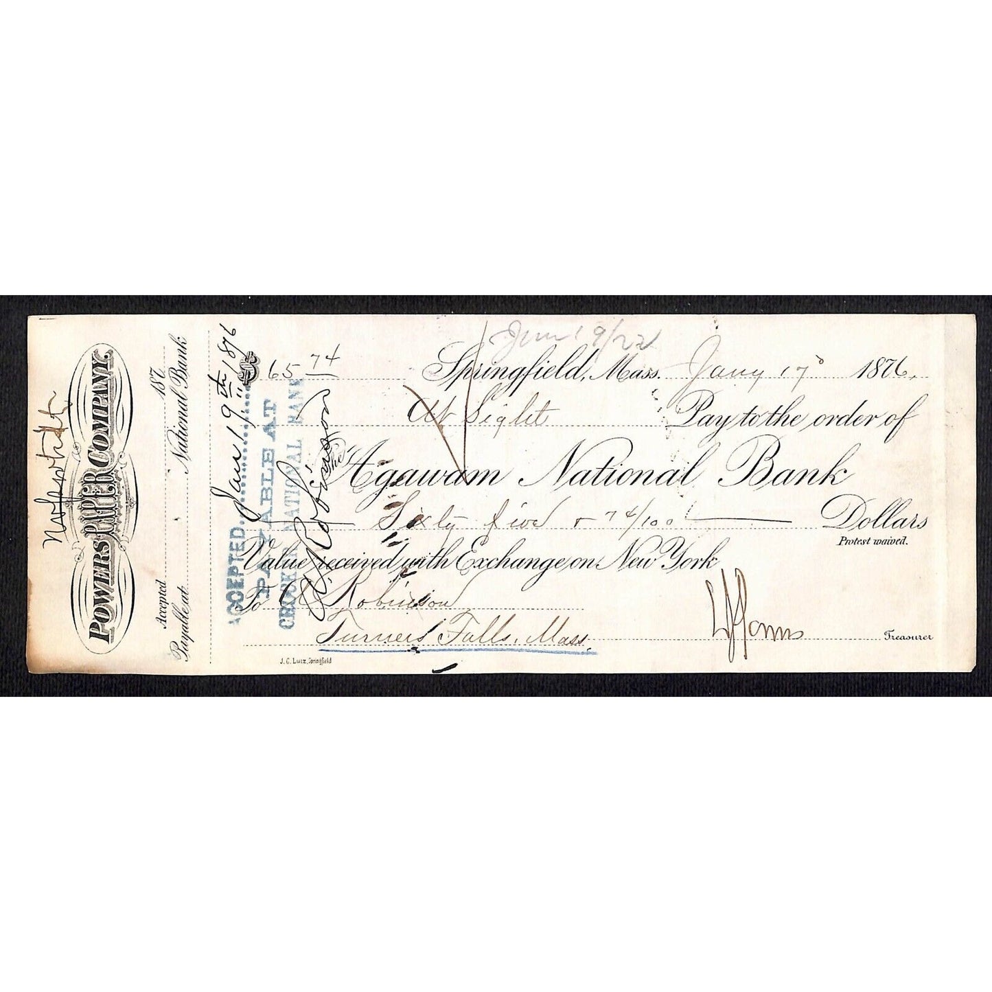 1870 First National Bank of Greenfield MASS $300 Bank Check