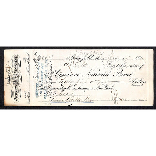 1870 First National Bank of Greenfield MASS $300 Bank Check
