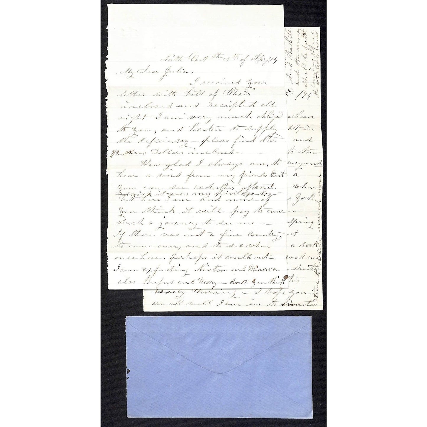 c1870's Mrs. D? Bartlett Waterbury, CONN ALS "My Dear Julia" re: Gift of a Chair