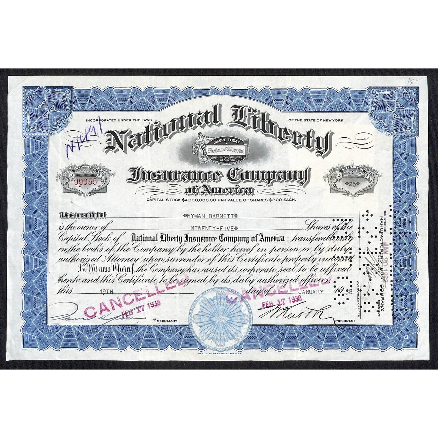 National Liberty Insurance Co 1938 Stock Certificate to Hyman Barnett