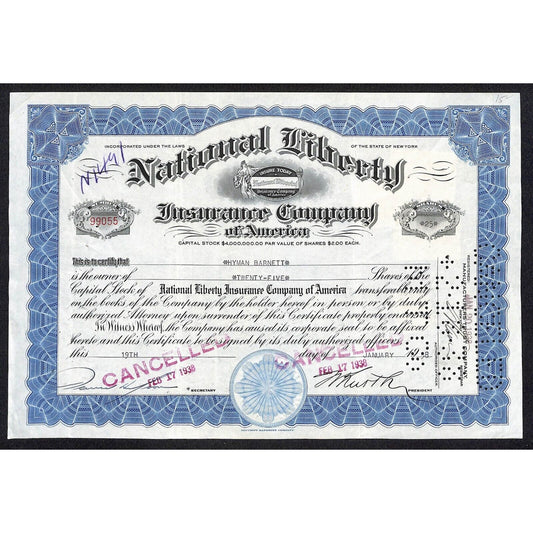 National Liberty Insurance Co 1938 Stock Certificate to Hyman Barnett