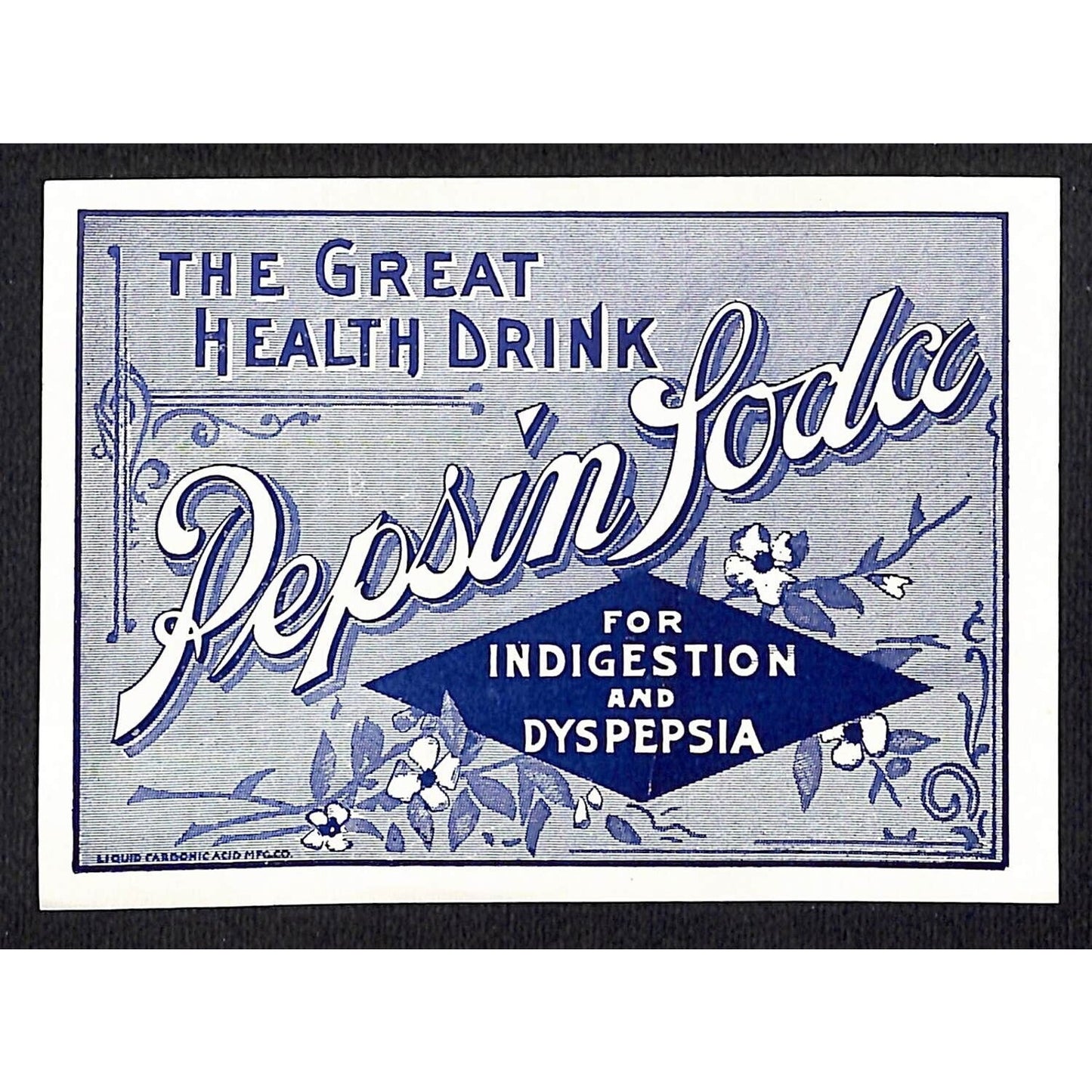 (Blue Diamond?) Pepsin Soda Label Liquid Carbonic Acid Mfg. c1910's-20's VGC