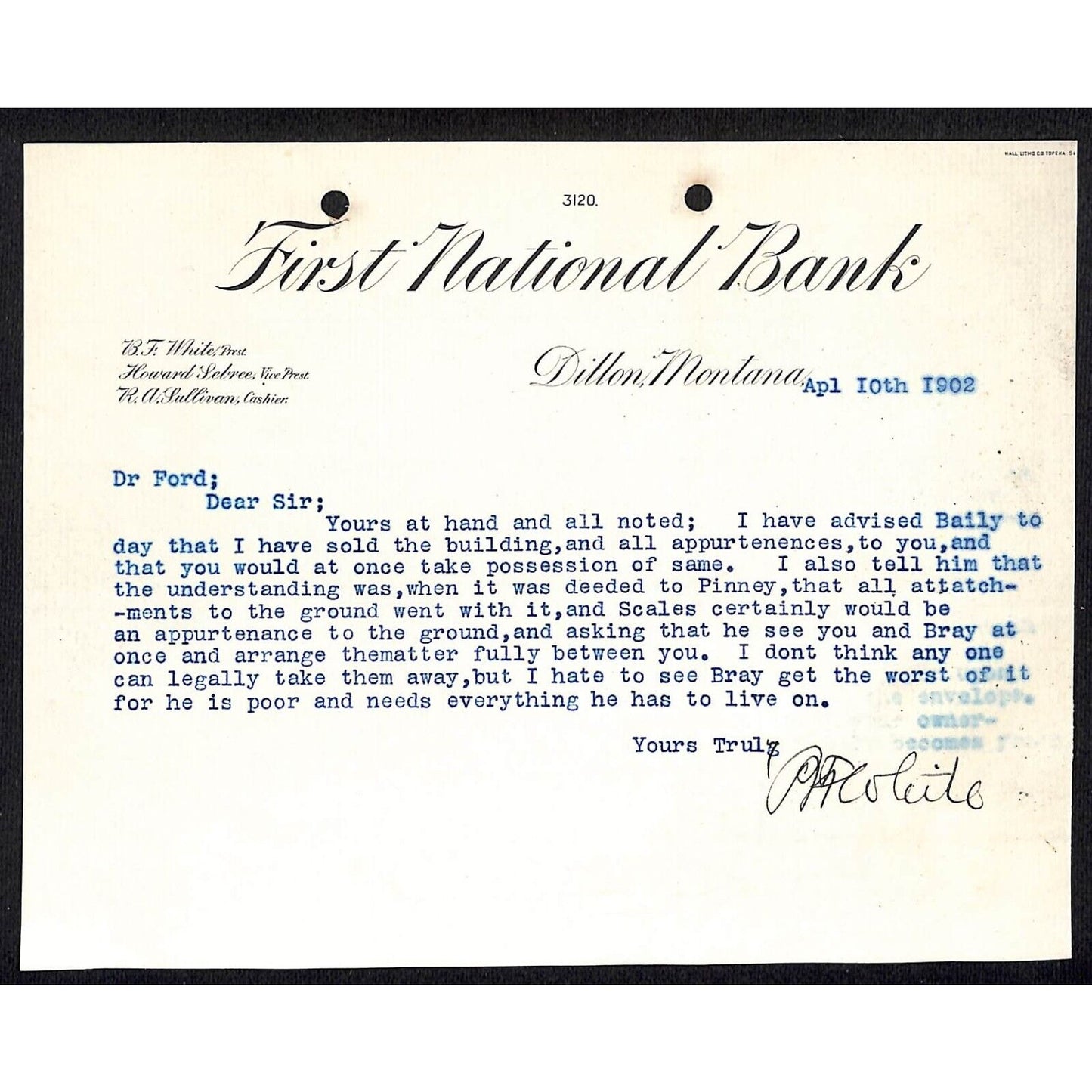 1902 First National Bank Dillon, MT TLS Letterhead "..He is poor and Needs.."