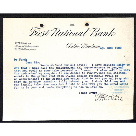 1902 First National Bank Dillon, MT TLS Letterhead "..He is poor and Needs.."