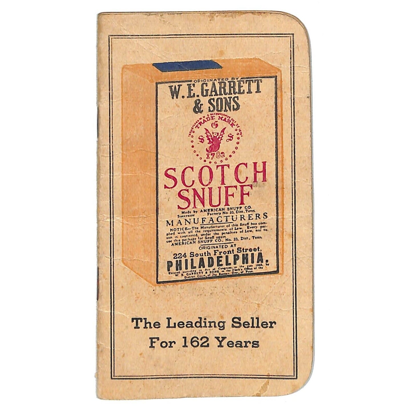 W.E. Garrett & Sons - Scotch Snuff - Sweet Mild Snuff Notepad 20pp 1944 Calendar