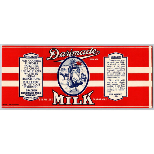 Darimade Brand Evaporated Milk Paper Can Label c1920's Milkmaid Scarce - VGC
