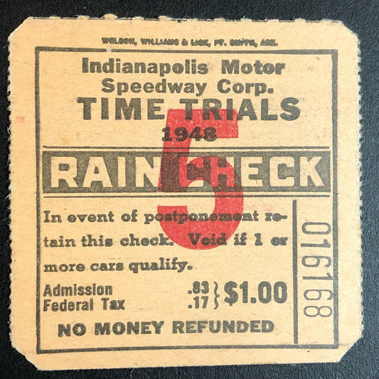 Indianapolis Motor Speedway 1948 Rain Check Ticket #016168 VGC