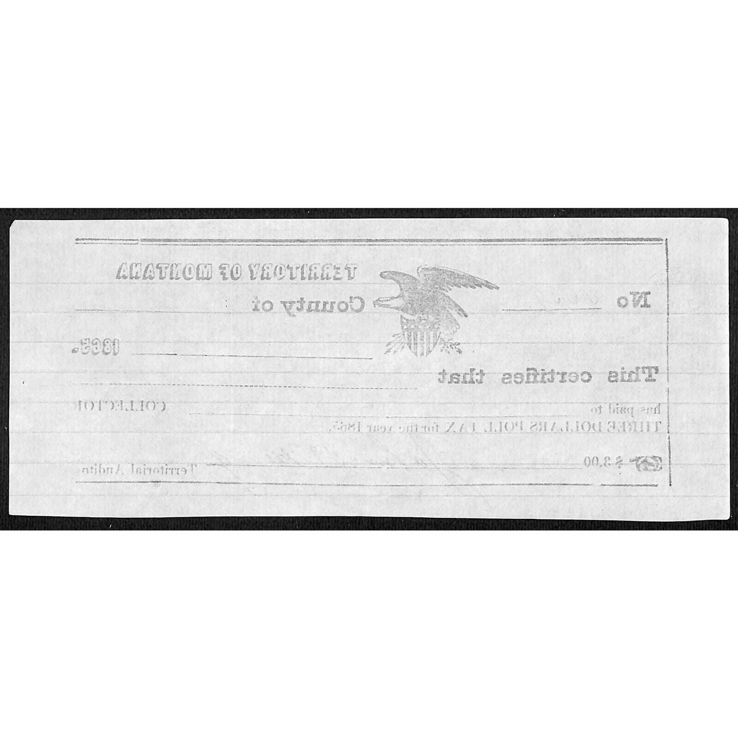 1865 Territory of Montana $3 Poll Tax Receipt #6639 VGC Scarce