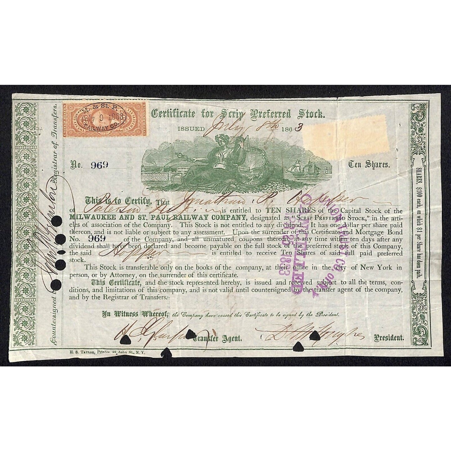 Milwaukee and St. Paul Railway 1863 Scrip Stock Certificate Rev Stamp Vignette