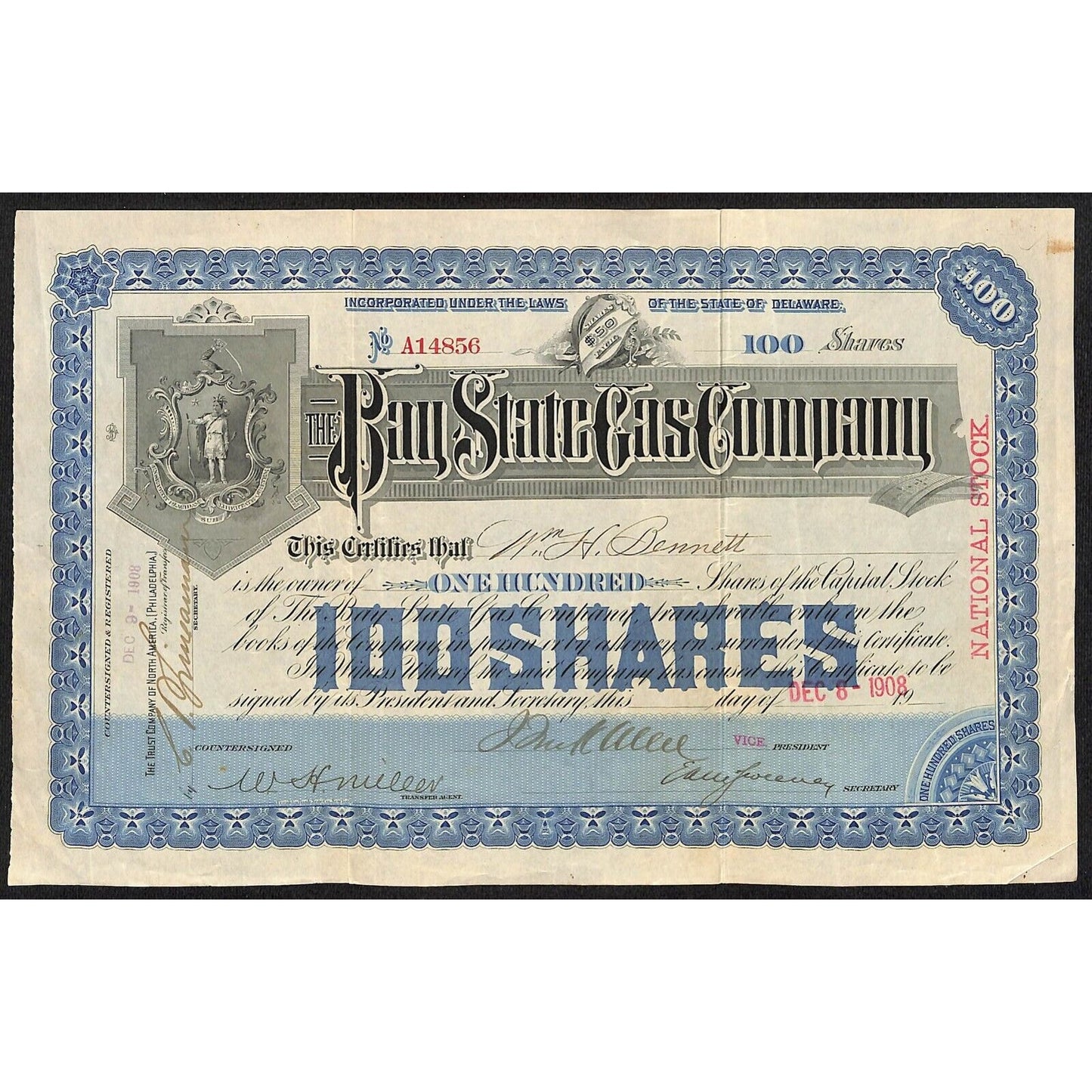 Bay State Gas Company Delaware 1908 Stock Certificate Wm. H. Bennett