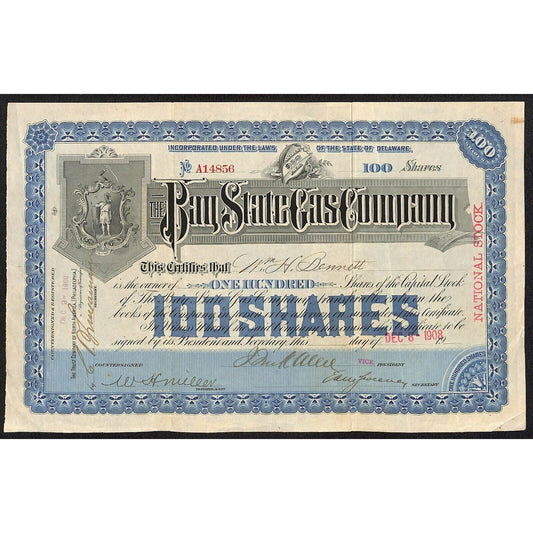 Bay State Gas Company Delaware 1908 Stock Certificate Wm. H. Bennett
