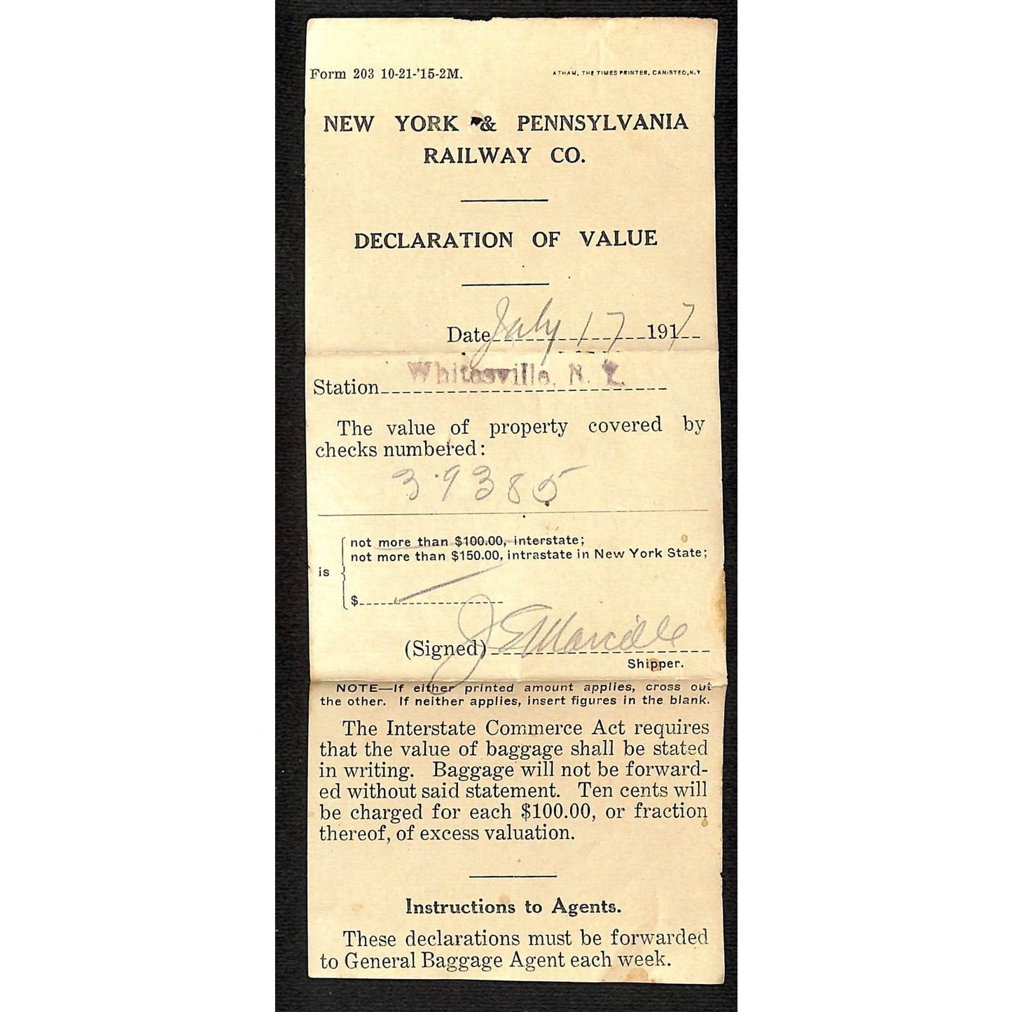 New York & Pennsylvania Railroad NYP July 17 1917 Declaration of Value Form