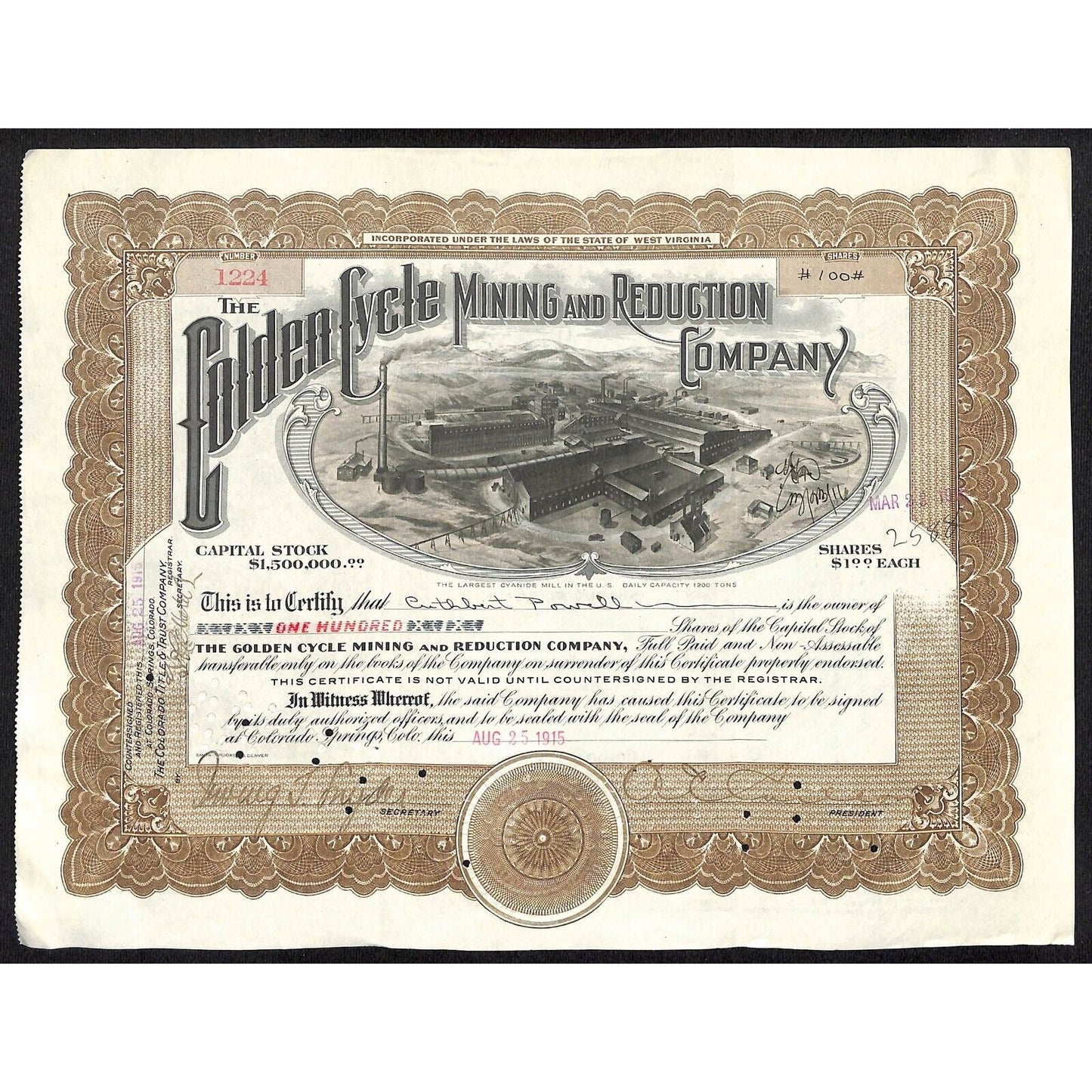 Golden Cycle Mining 1915 Stock Certificate w/ A.E. Carlton Sig. #1224