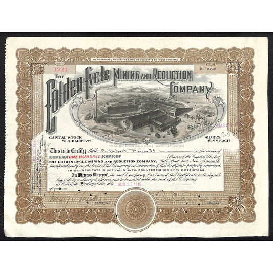 Golden Cycle Mining 1915 Stock Certificate w/ A.E. Carlton Sig. #1224