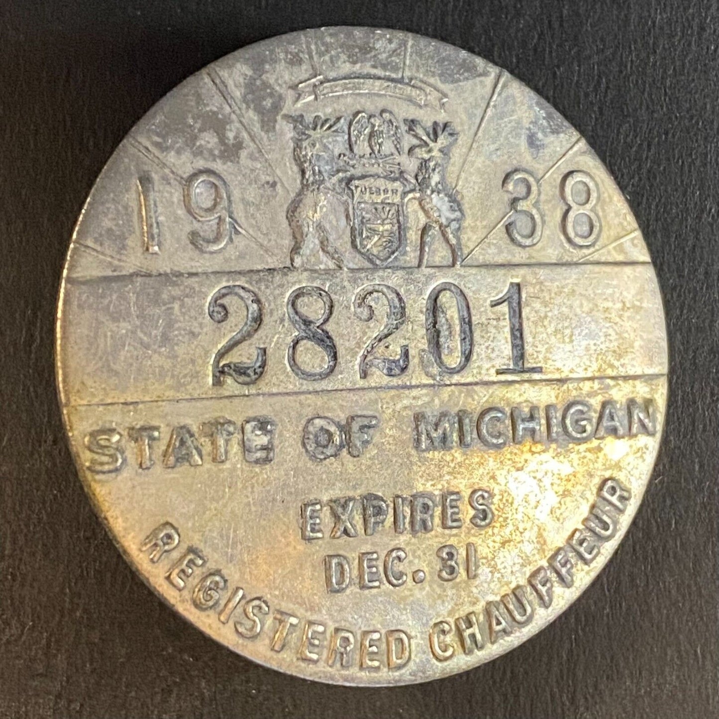 1938 Michigan Licensed Chauffeur Badge Metal Pin Back Driver #28201