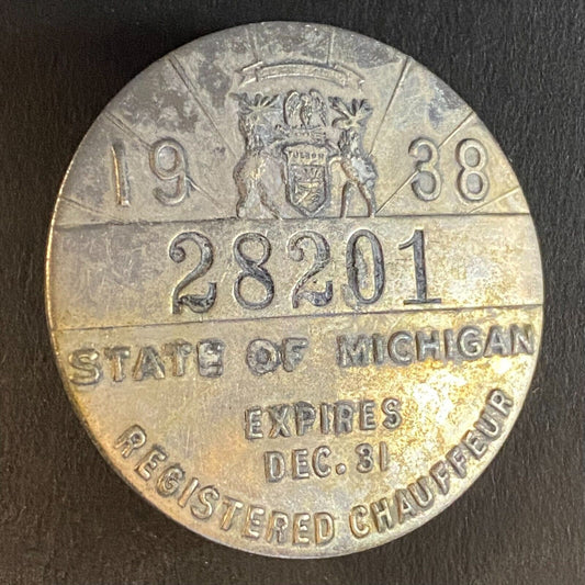 1938 Michigan Licensed Chauffeur Badge Metal Pin Back Driver #28201