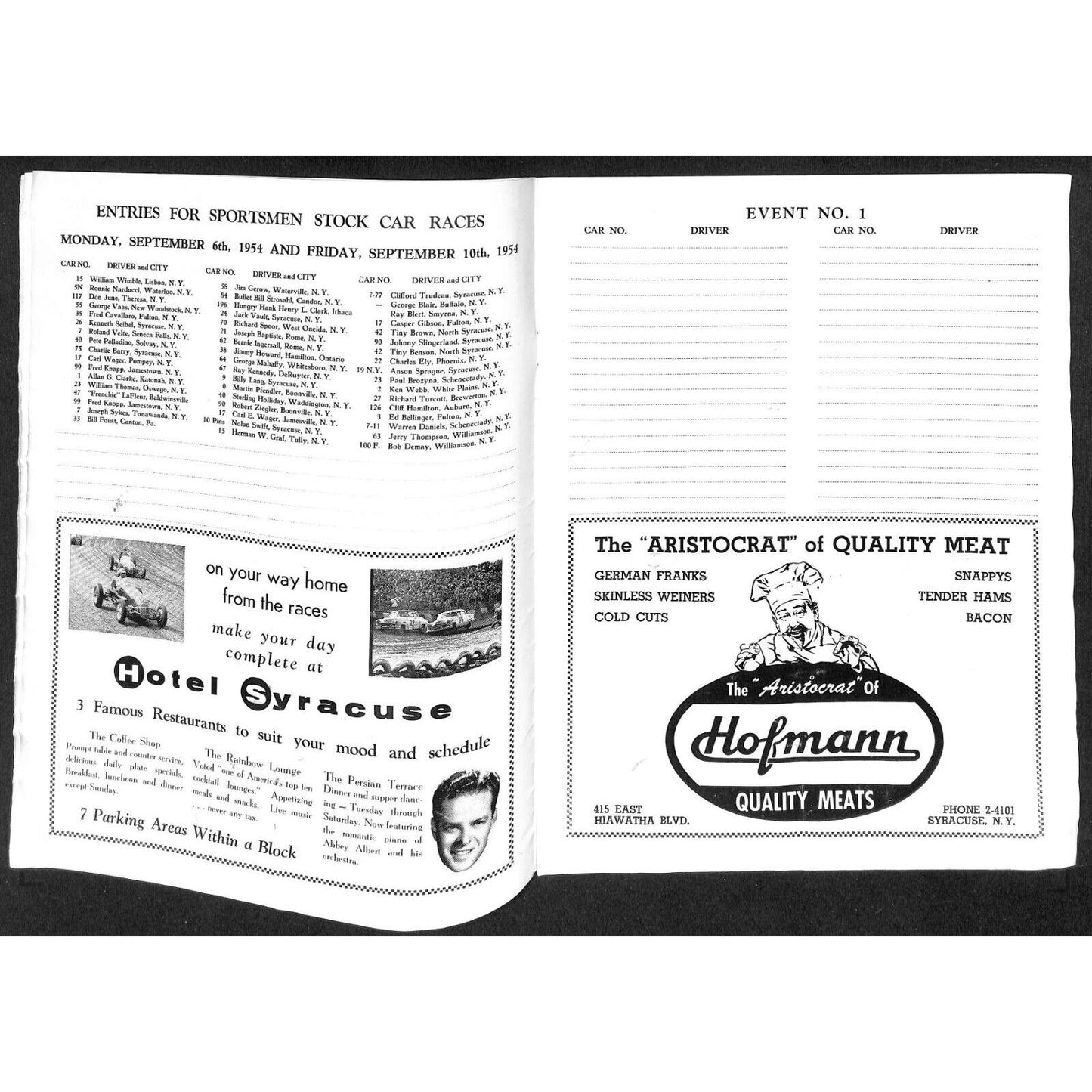 New York State Fair Auto Racing Program Stock Car Sept. 1954 24pp Scarce