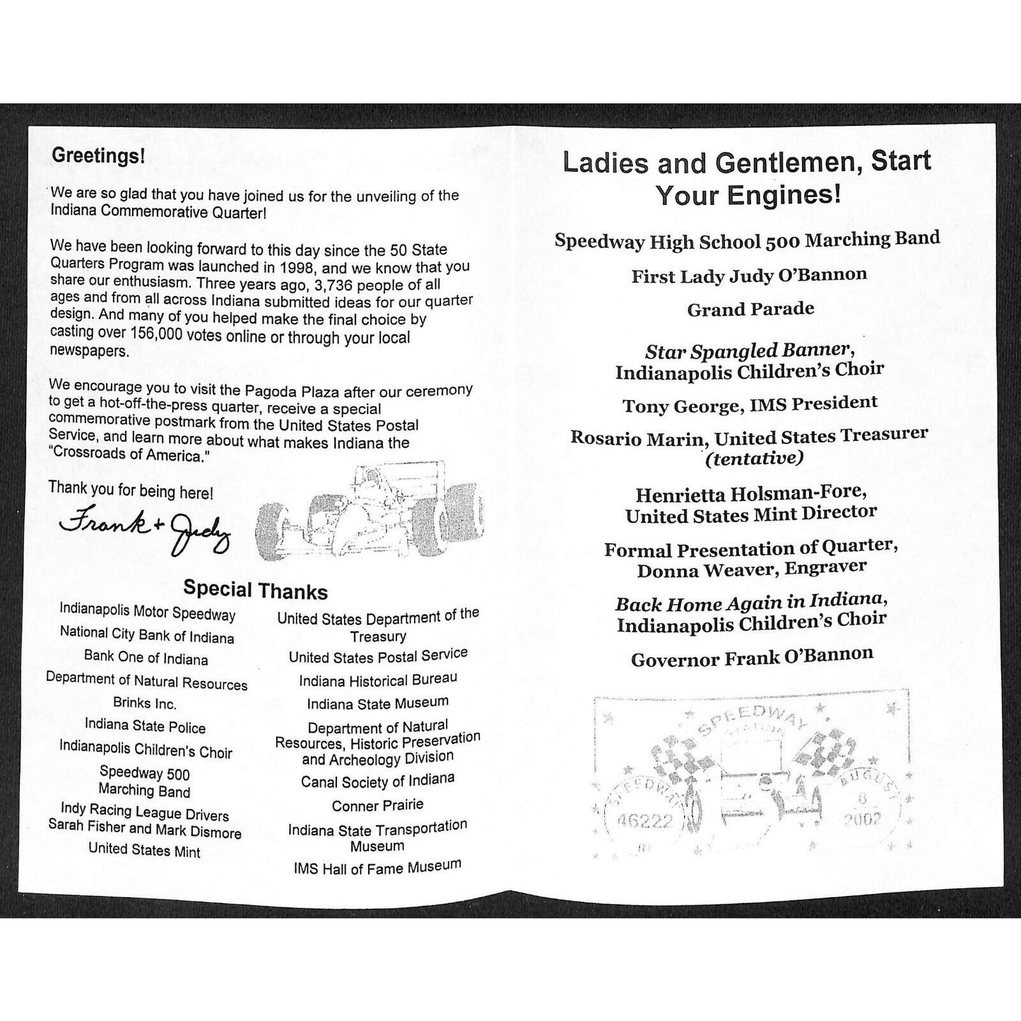 2002 Indiana Commemorative Quarter Ceremony Program & IMS Holder D UNC
