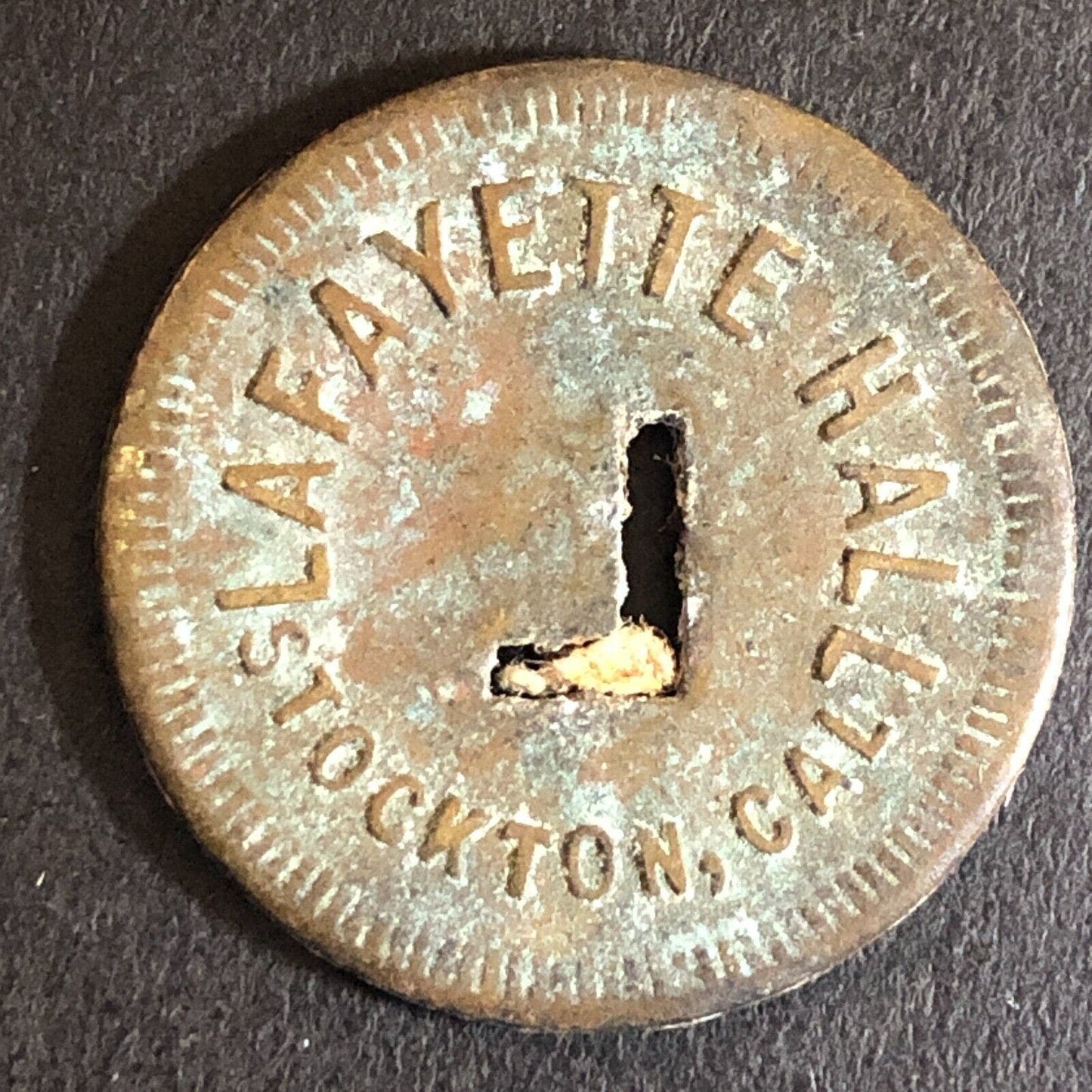 Lafayette Hall Stockton, CA Brass Trade Token "L" Cutout 24mm - Scarce
