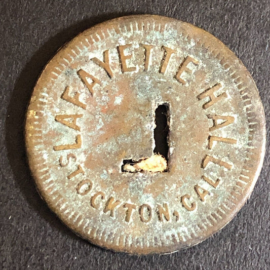 Lafayette Hall Stockton, CA Brass Trade Token "L" Cutout 24mm - Scarce