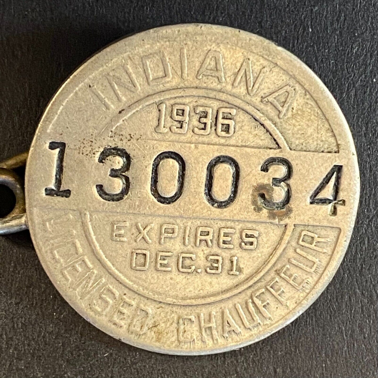 1936 Indiana Licensed Chauffeur Badge Metal Pin Back Driver #130034