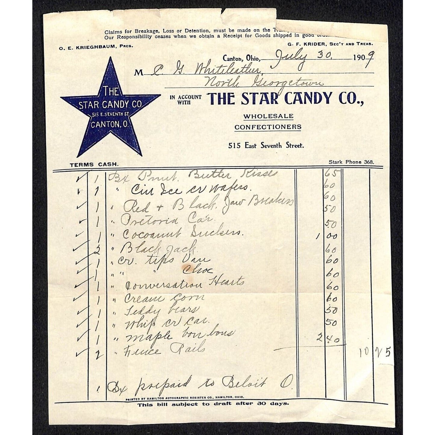 Star Candy Co. Canton, OH 1909 Billhead Whiteleather* N. Georgetown , OH