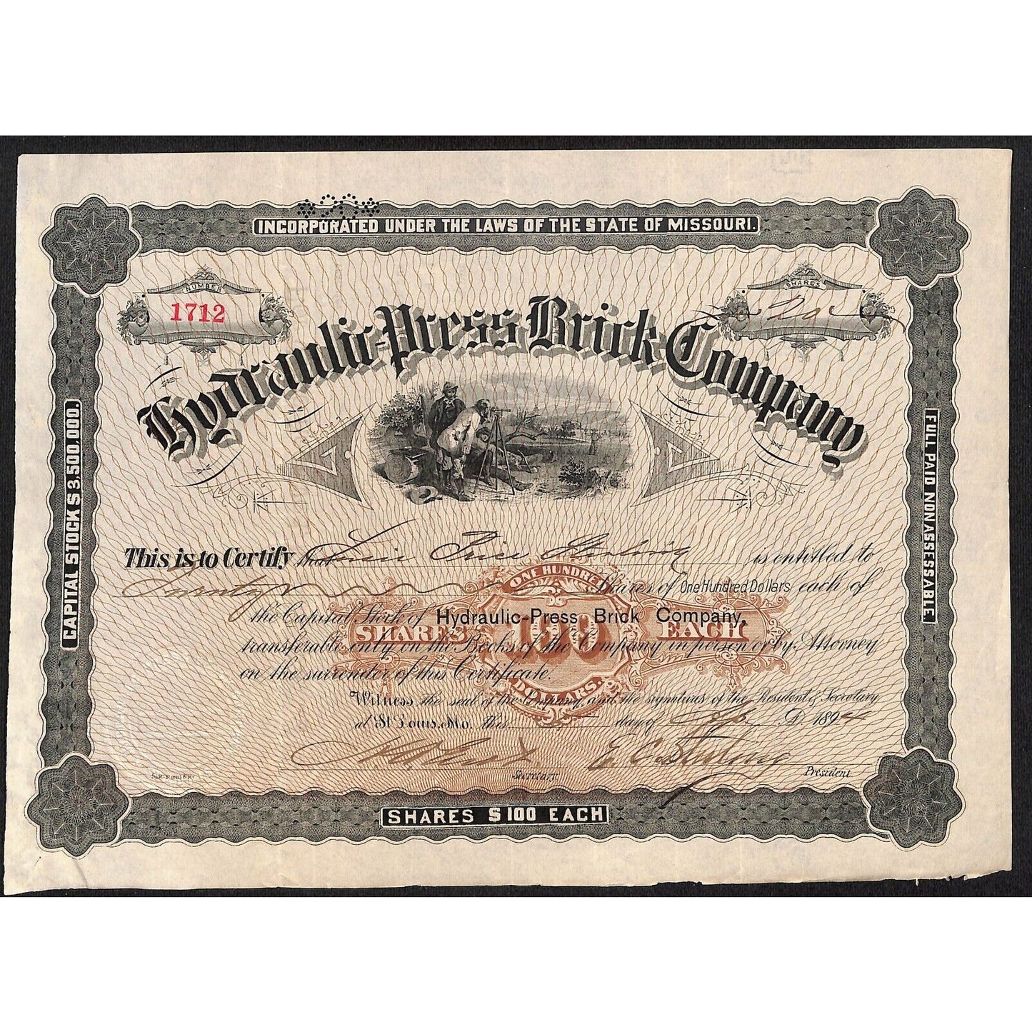 Hydraulic Press Brick Co St. Louis, MO 1894 Stock Certificate Sterling* Scarce