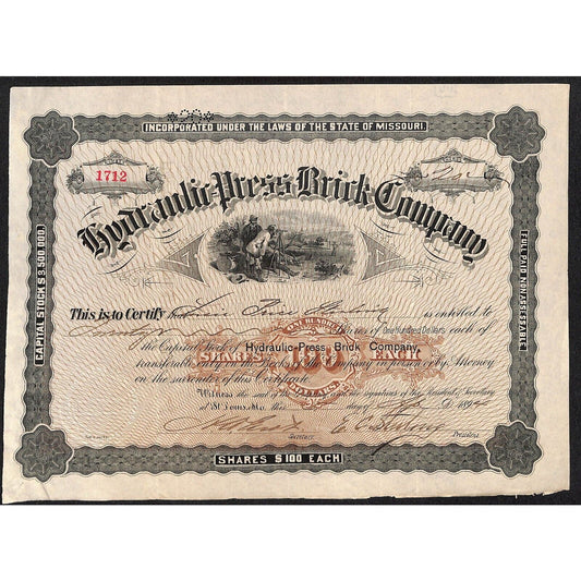 Hydraulic Press Brick Co St. Louis, MO 1894 Stock Certificate Sterling* Scarce